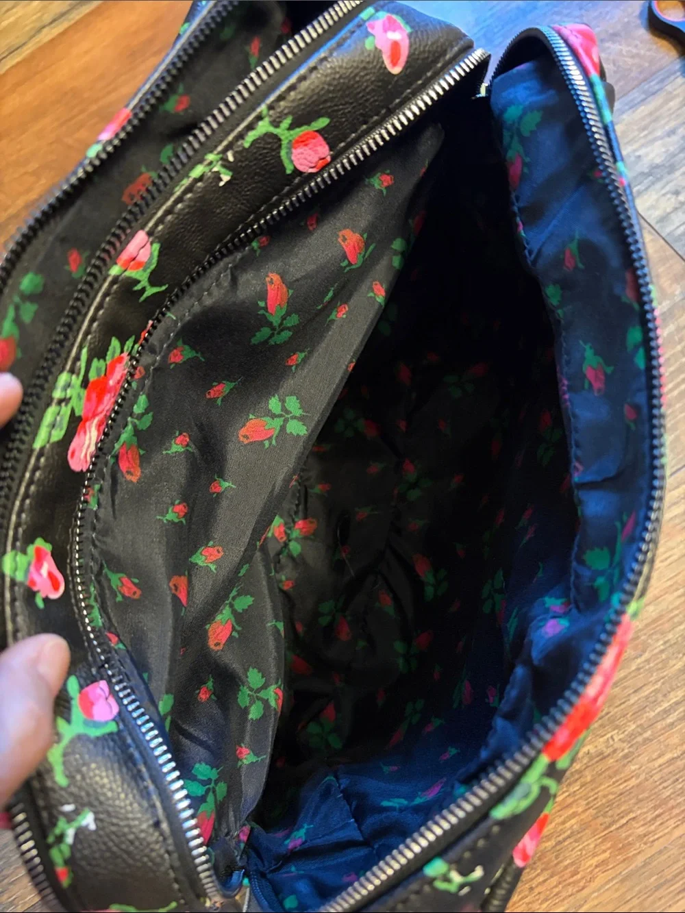 Betsey Johnson Black Cosmetic Pouch with Pink Floral Print
